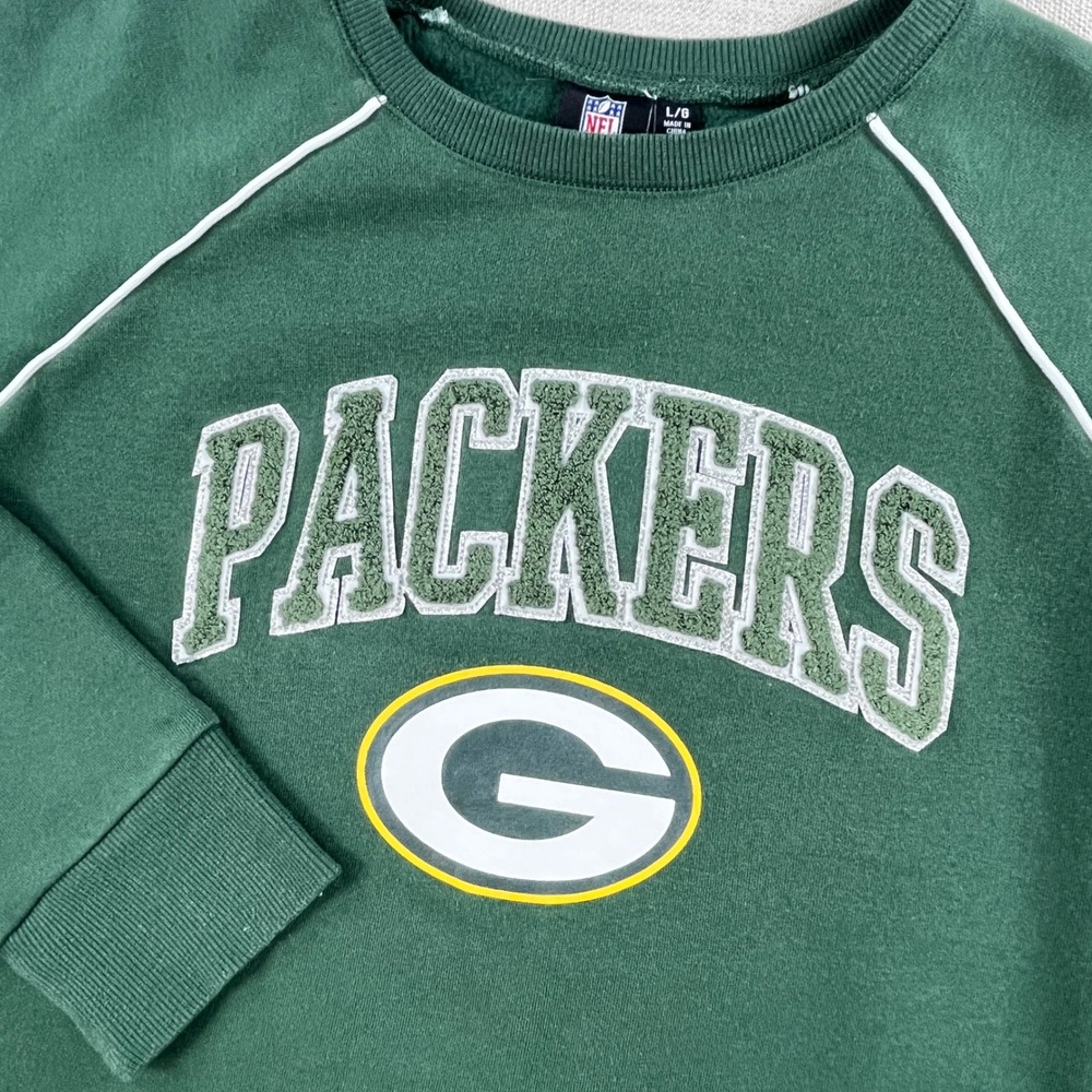 NFL Sweatshirt Women L Green Packers Raglan Sleeve Fleece Pullover Sparkle